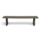 Evolution Smokehouse mango wood dining bench with slim black iron frame and bracing