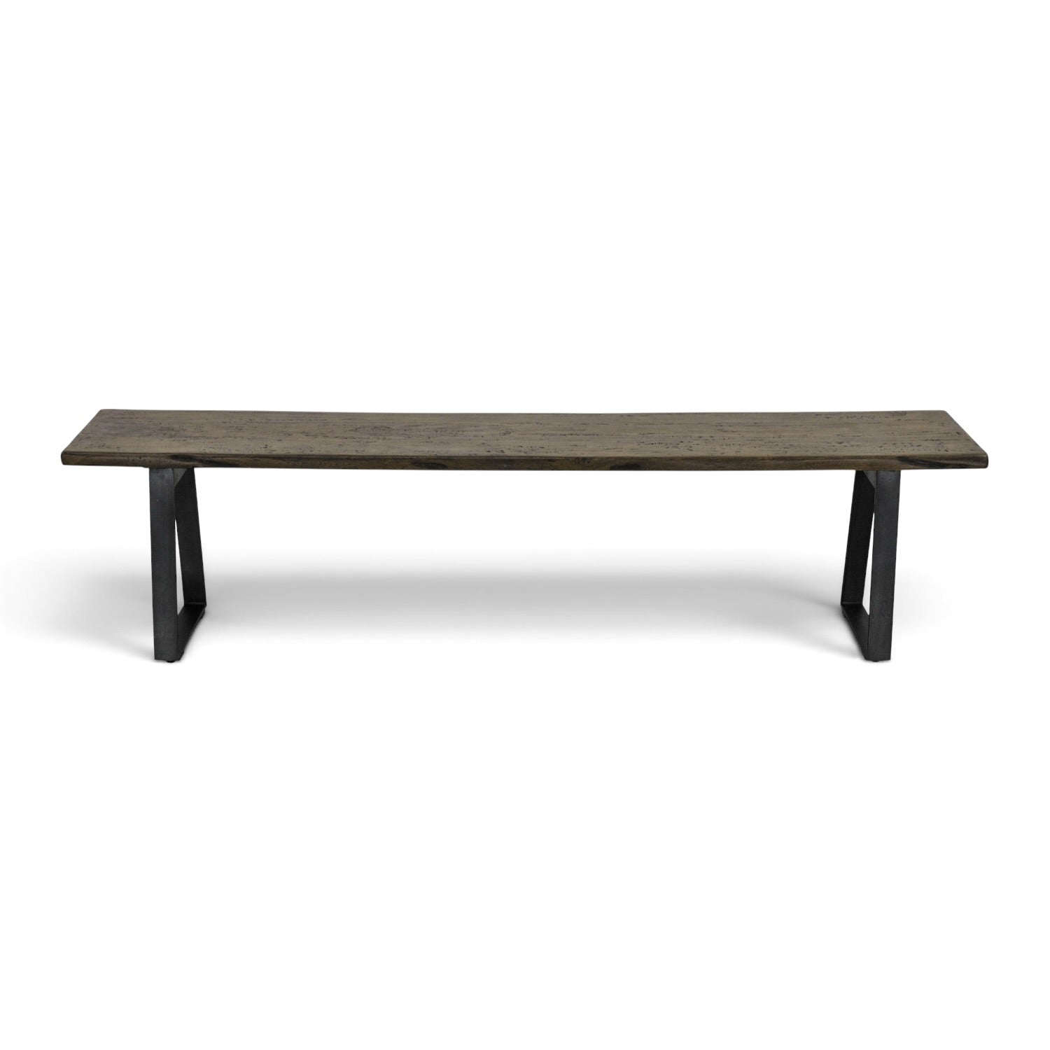 Evolution Smokehouse mango wood dining bench with slim black iron frame and bracing