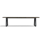Front view of the Evolution bench seat in rustic Smokehouse mango wood with black iron legs