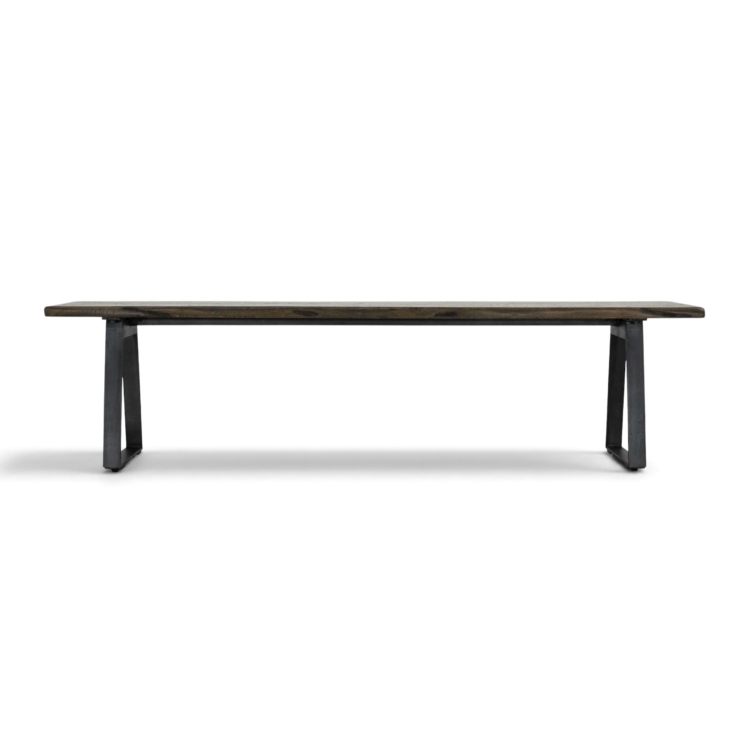 Front view of the Evolution bench seat in rustic Smokehouse mango wood with black iron legs