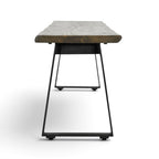 Side view of the Evolution bench seat in Smokehouse mango wood with black iron legs