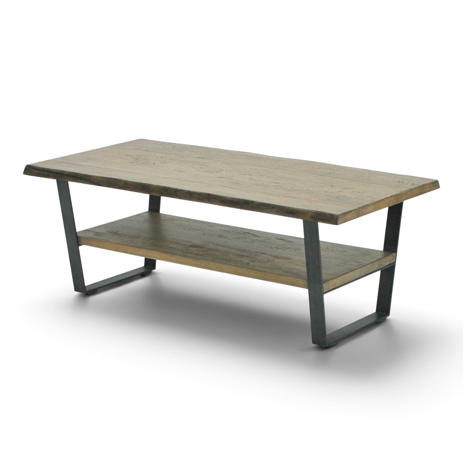 Angled view of the Evolution coffee table with natural distressed timber top, lower shelf and black iron legs