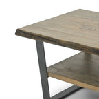 Close-up of the Evolution coffee table showing distressed timber top, lower shelf and black iron frame