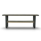 Evolution coffee table with distressed natural timber top, lower shelf and black iron frame