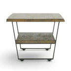 Side view of the Evolution coffee table showing its timber top, open lower shelf and black iron frame