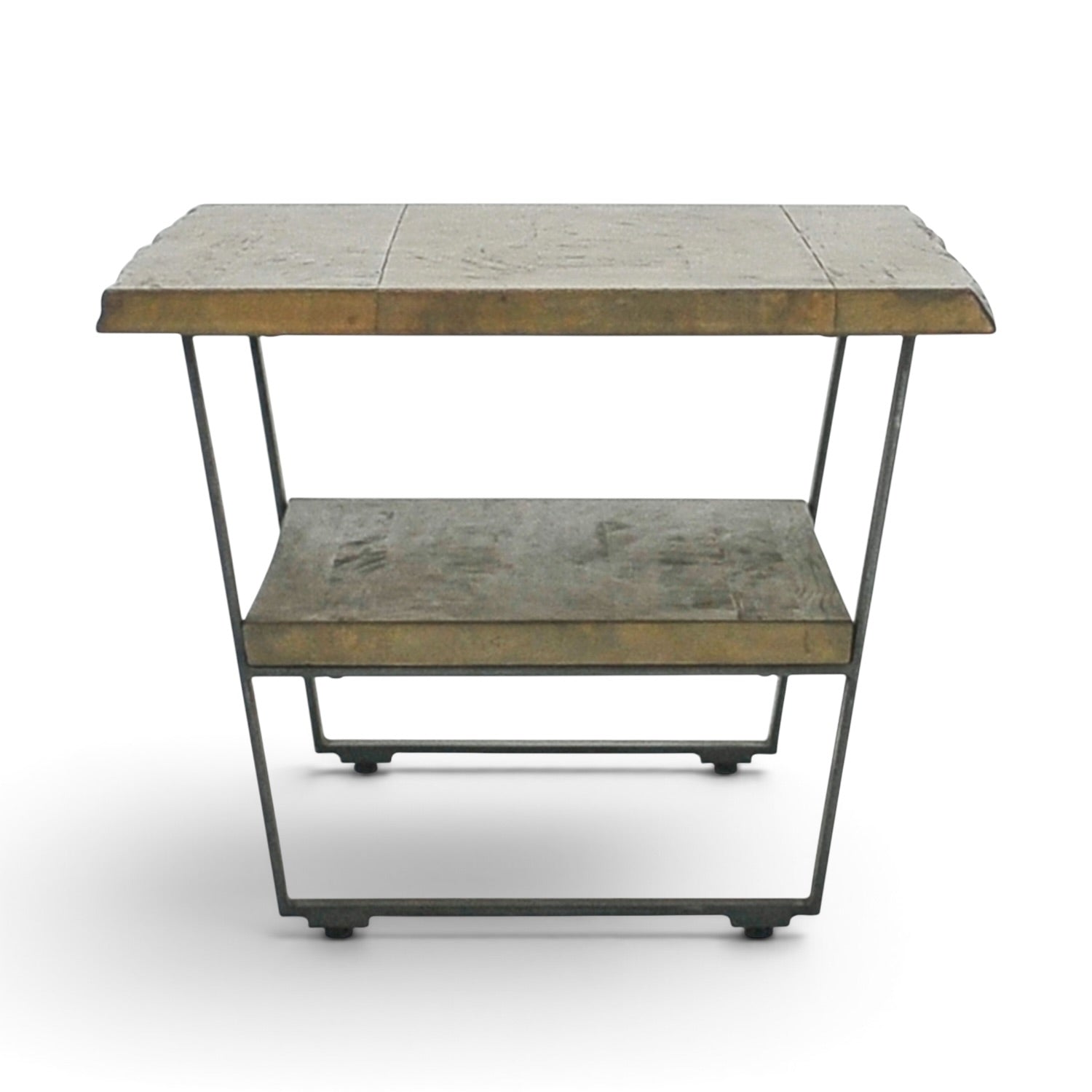 Side view of the Evolution coffee table showing its timber top, open lower shelf and black iron frame