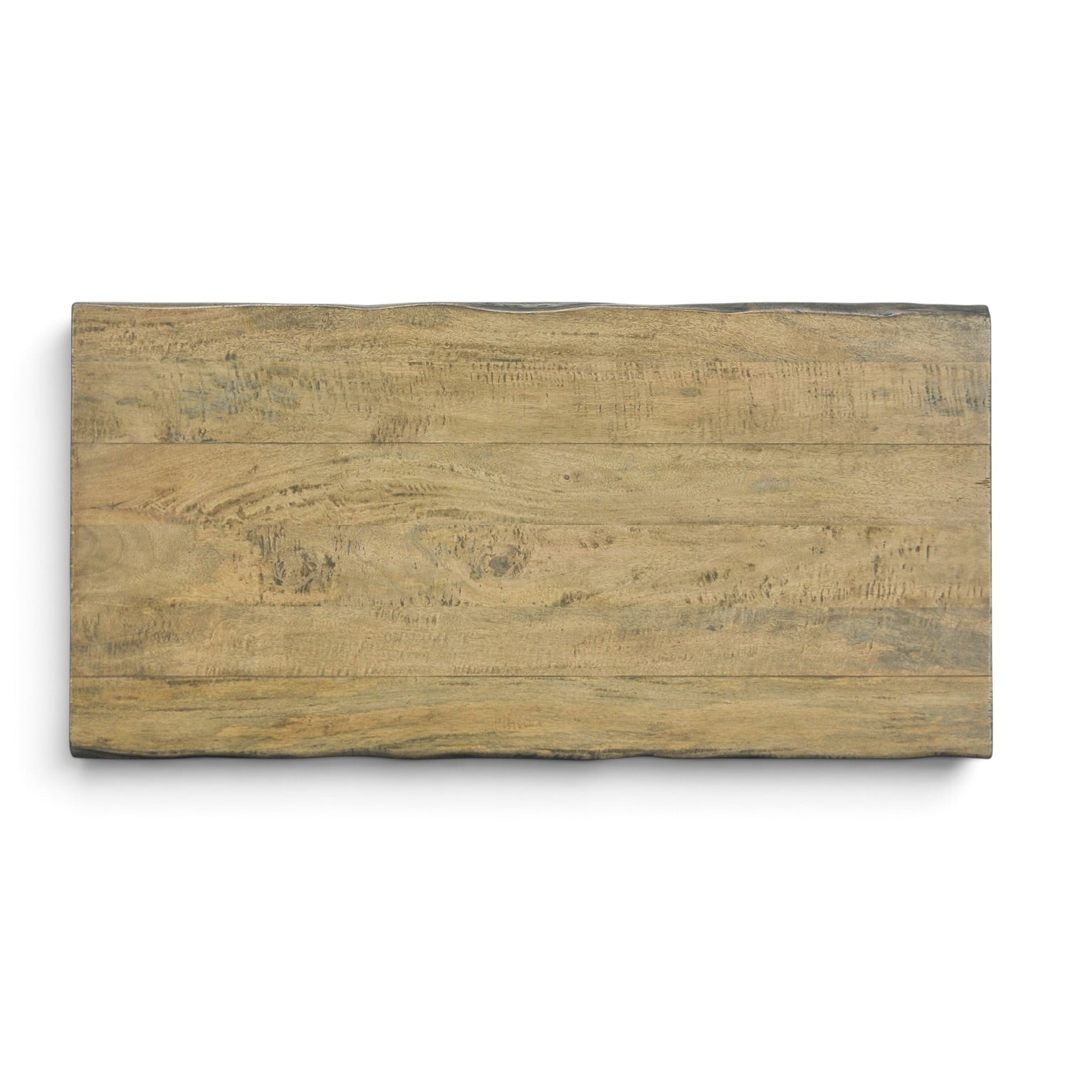Top view of the Evolution coffee table showing the natural distressed timber grain and live-edge style detail