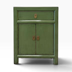 Front view of Far East Bedside in Olive with one drawer, two cupboard doors and brass-toned handles