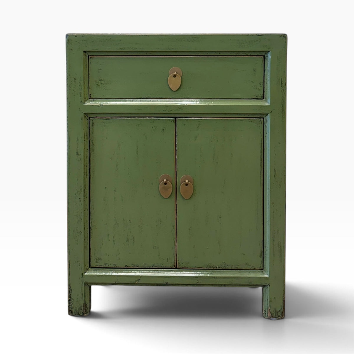 Front view of Far East Bedside in Olive with one drawer, two cupboard doors and brass-toned handles