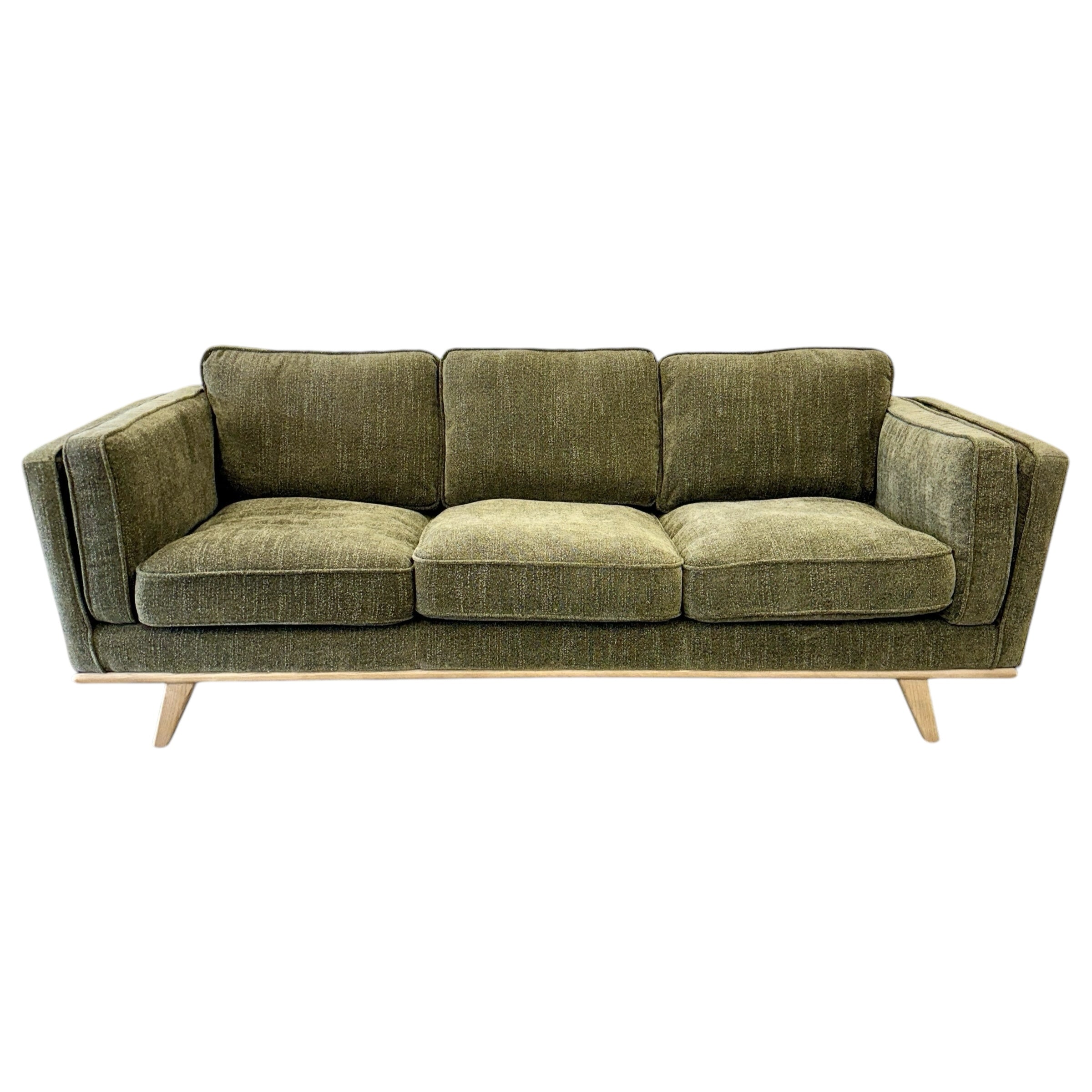 Fergus 3 Seat Sofa in Plush Olive featuring deep seat cushions, soft plush upholstery and a contemporary silhouette.