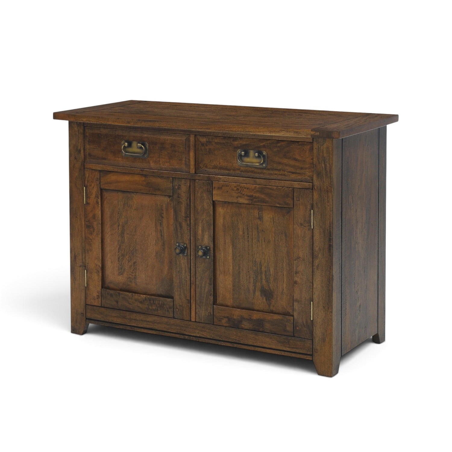 Angled view of the Flint 2 Door Sideboard in Albany showing the two drawers, panelled cupboard doors and natural timber character.