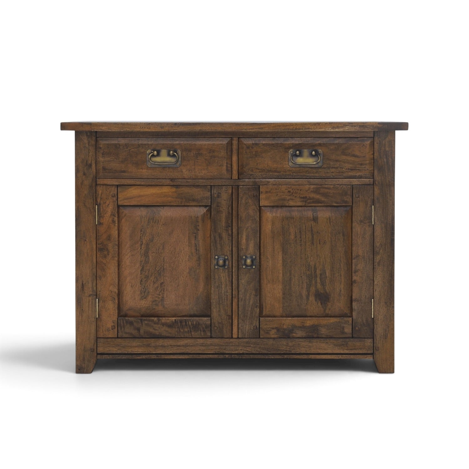 Front view of the Flint 2 Door Sideboard in Albany solid mango wood with two drawers, two panelled doors and antique-style hardware.