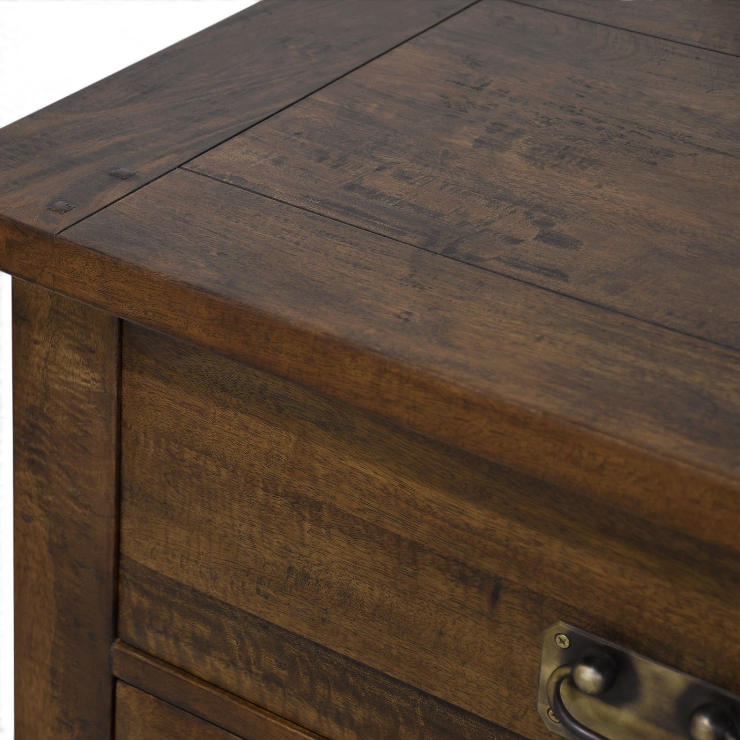 Close-up of the Flint 2 Door Sideboard showing the natural mango wood grain, Albany finish and antique-style drawer handle.