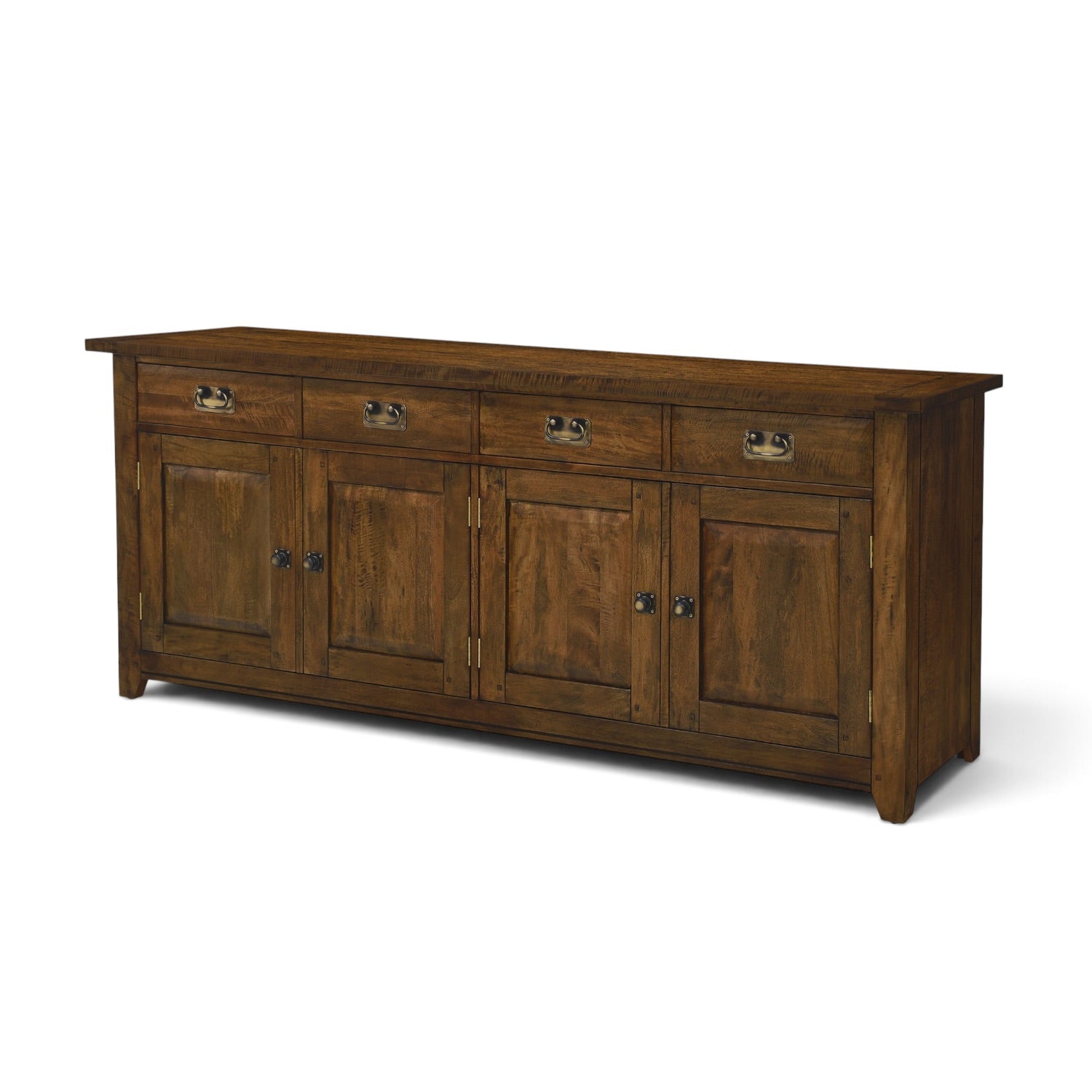 Angled view of the Flint 4 Door Sideboard showing its Albany finish, solid mango wood construction and natural timber grain.