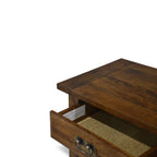 Close-up of the Flint 4 Door Sideboard showing the solid mango wood top, timber detailing, drawer construction and antique-style metal handle.