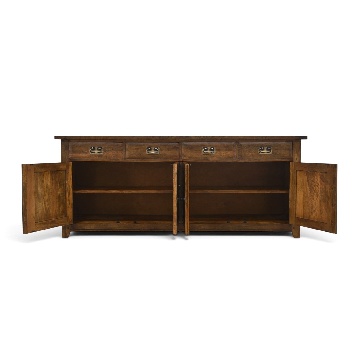 Flint 4 Door Sideboard in Albany with doors open, showing the generous internal shelving and four storage drawers.