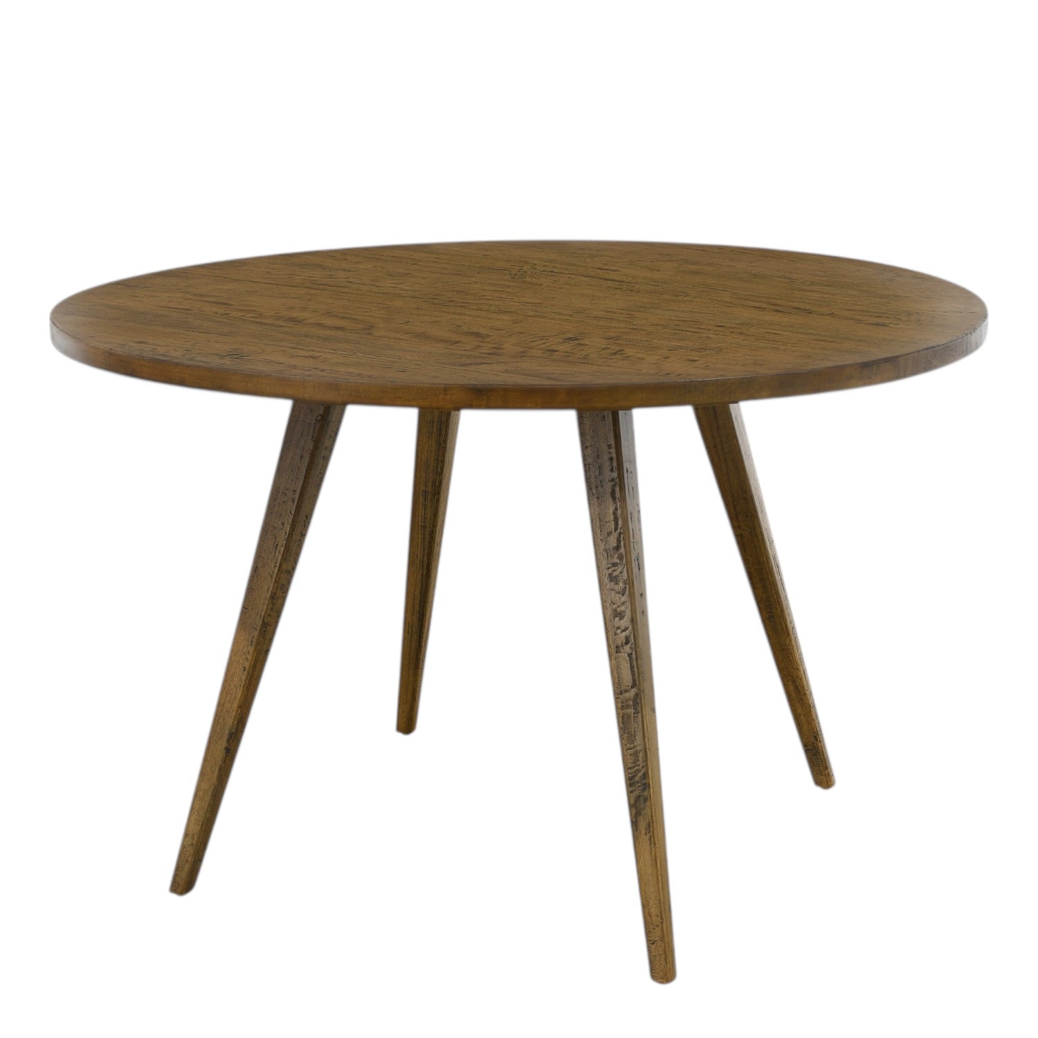 Angled view of the Florence Round Dining Table in Natural, highlighting its rustic finish, tapered legs and solid mango wood construction.