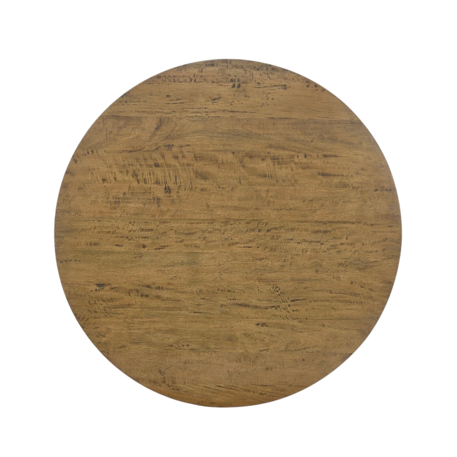 Close-up detail of the Florence Round Dining Table, showcasing the rustic mango wood grain, softly rounded edge and quality craftsmanship.