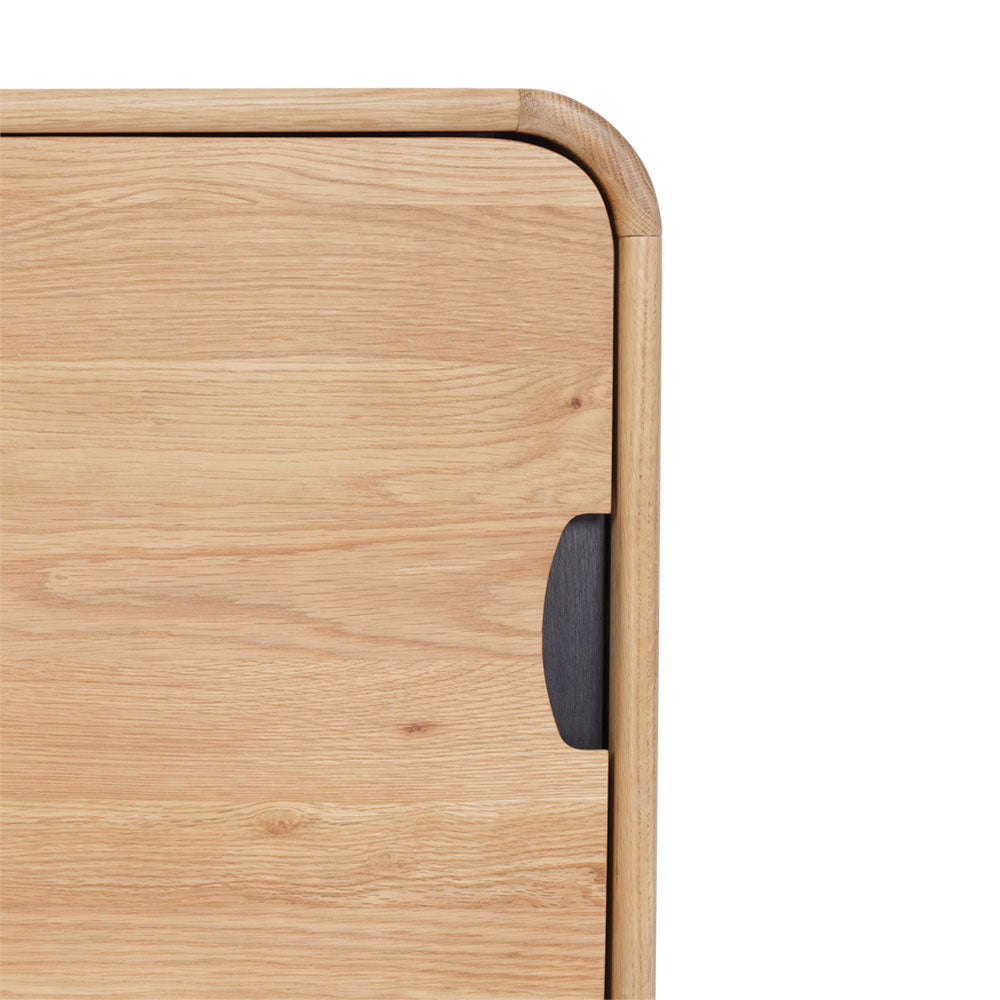 Flow Sideboard Natural cupboard door detail showing rounded corner and black recessed handle