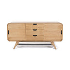 Flow Sideboard Natural front view with curved ends, three drawers and cupboard storage