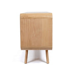 Side view of Flow Sideboard Natural showing compact profile, curved edge and timber legs