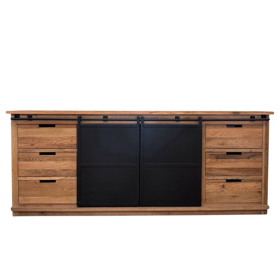 Forged Iron Sideboard in reclaimed oak with black iron sliding doors and six drawers