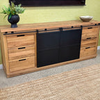 Forged Iron Sideboard with reclaimed oak timber, black iron doors and six storage drawers