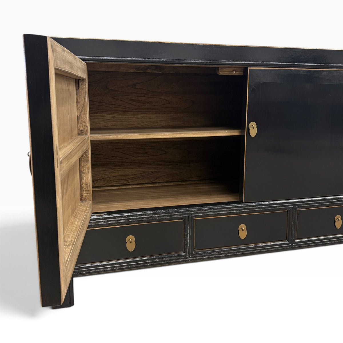 Frano Sideboard with doors open showing internal timber shelving and storage