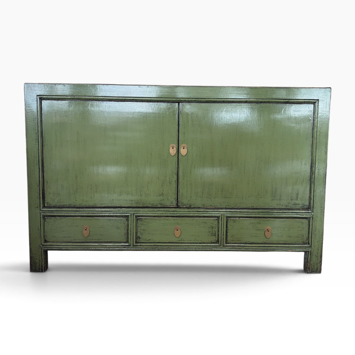 Frano Sideboard in Olive with two cupboard doors, three drawers and brass-toned handles