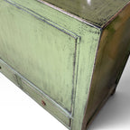 Close-up of Frano Sideboard showing distressed olive green finish and timber detailing