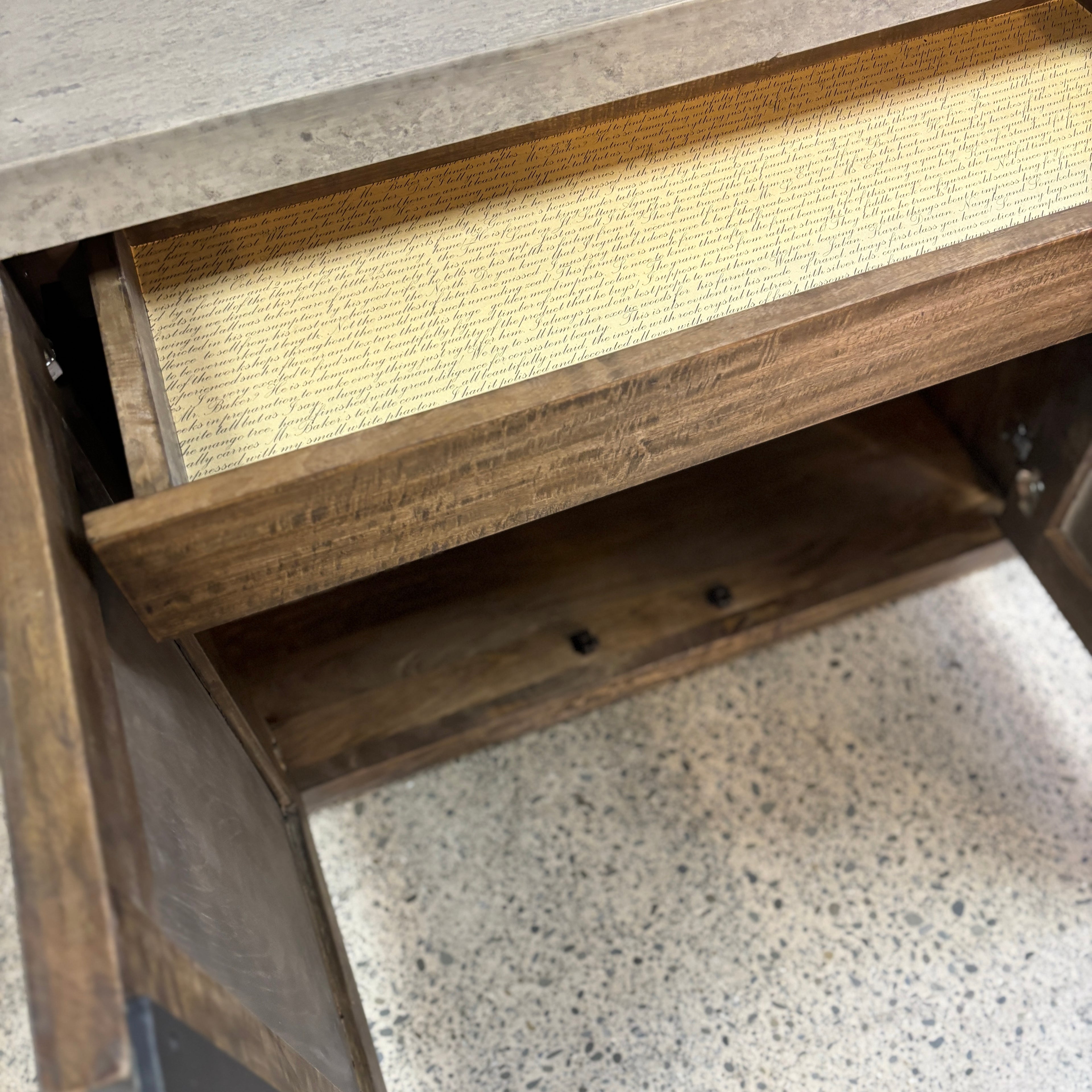 Gun Metal Stone Composite Sideboard showing concealed internal drawer and cupboard storage