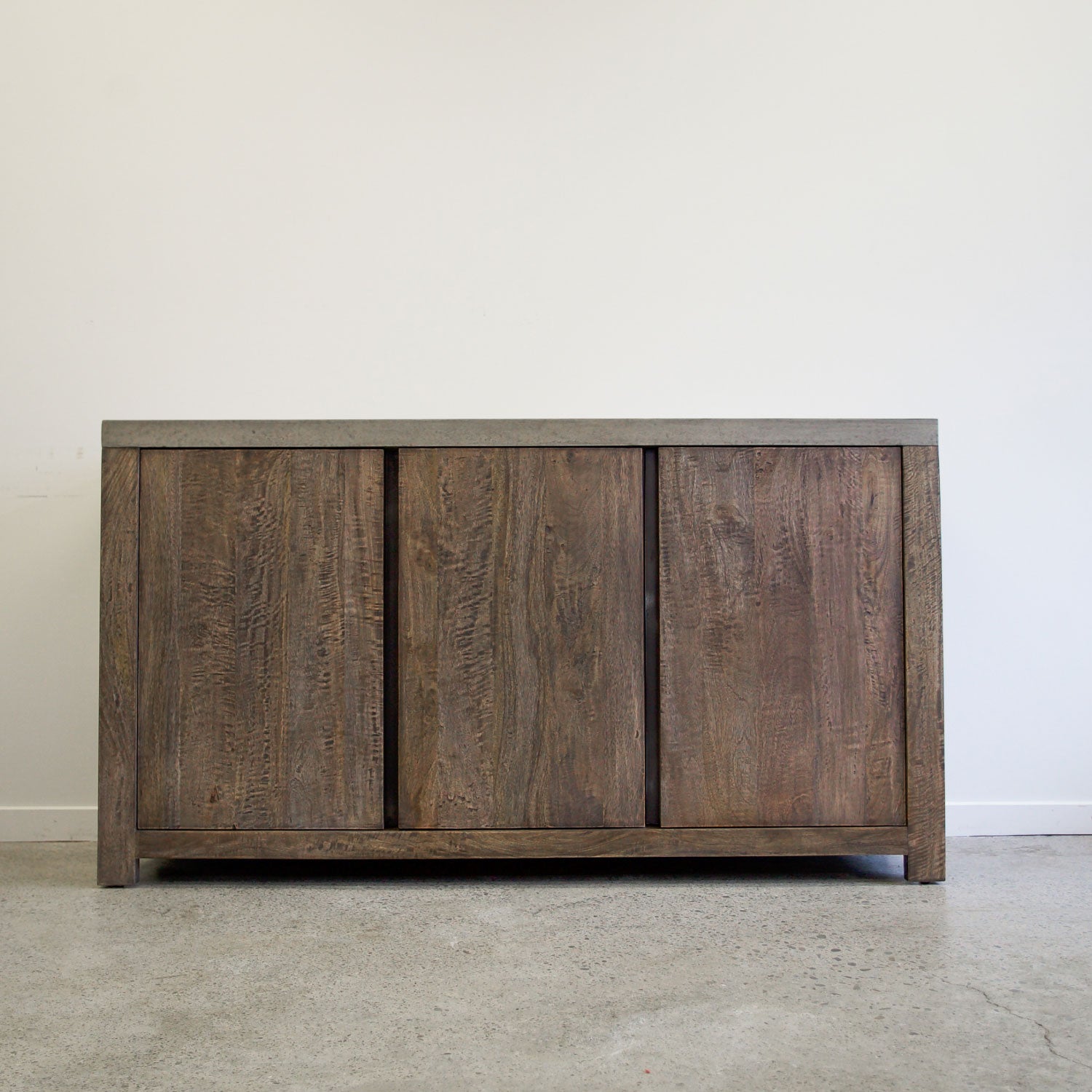 Gun Metal Stone Composite 3 Door Sideboard front view with timber doors and dark stone composite top