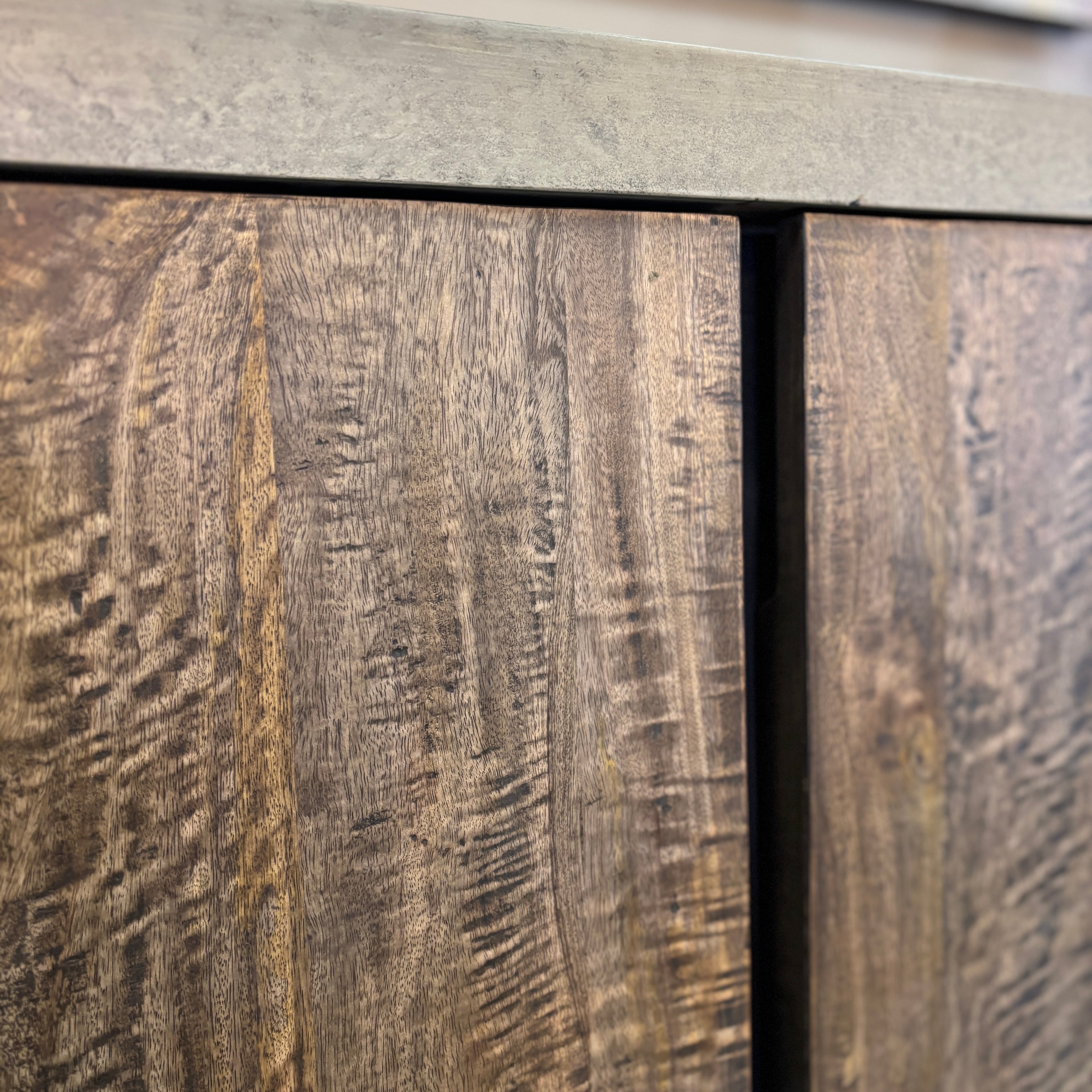Close up of 3 Door Sideboard showing textured natural timber grain and gun metal detailing