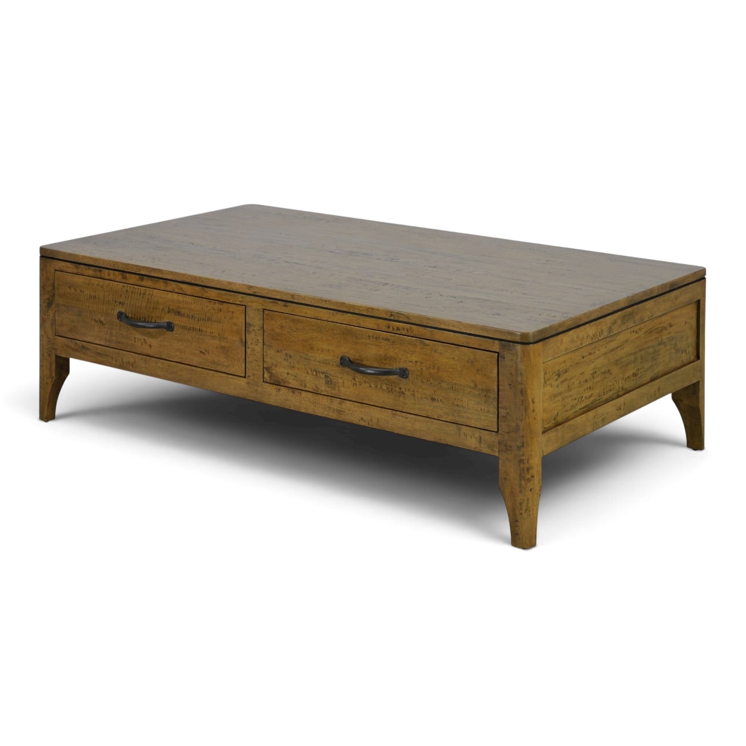 Angle view of the Hamstead Coffee Table in solid mango wood with two drawers and dark metal handles.