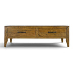 Front view of the Hamstead Coffee Table showing two storage drawers, dark metal handles and solid mango wood construction.