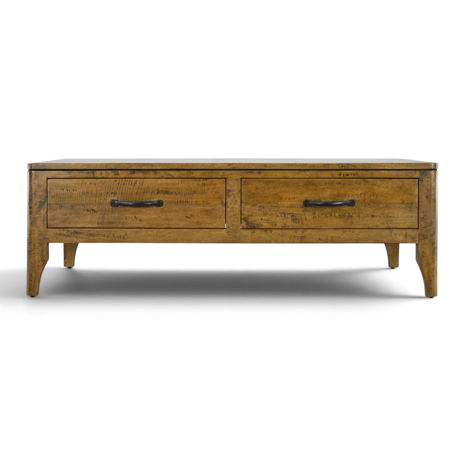 Front view of the Hamstead Coffee Table showing two storage drawers, dark metal handles and solid mango wood construction.