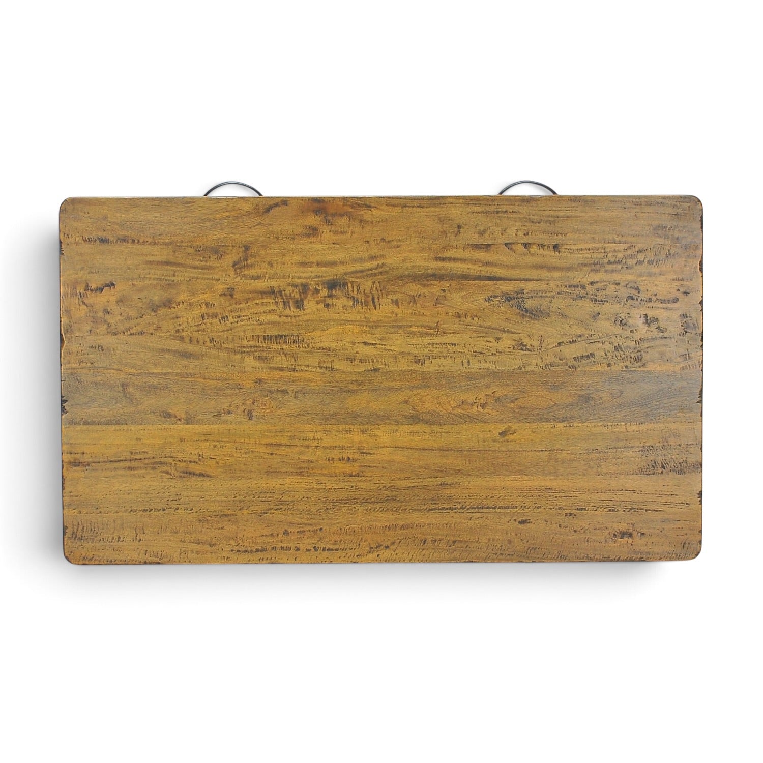 Overhead view of the Hamstead Coffee Table showing the natural grain and rustic Smokehouse finish of the solid mango wood top.