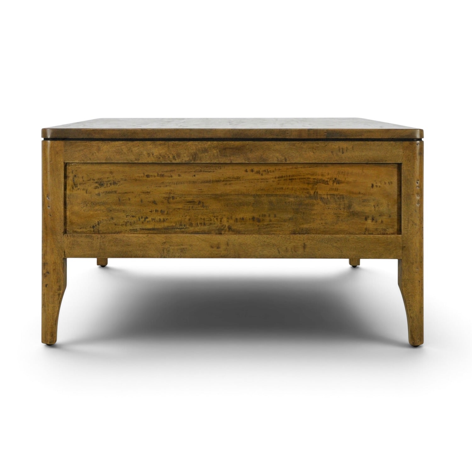 Side view of the Hamstead Coffee Table showing the solid mango wood panel, tapered legs and rustic Smokehouse finish.
