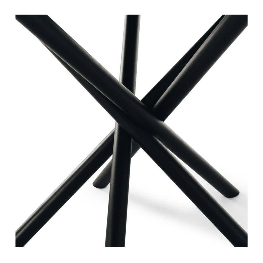 Close-up of the Harper Dining Table intersecting solid oak pedestal legs in a Black Oak finish.