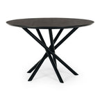 Side view of the Harper round dining table in Black Oak featuring a solid oak top and timber pedestal base.