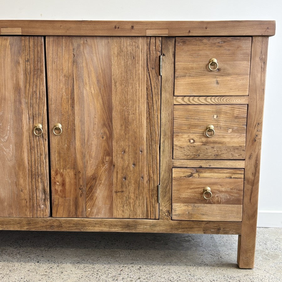 Henri sideboard drawer detail showing natural grain and character of reclaimed elm timber