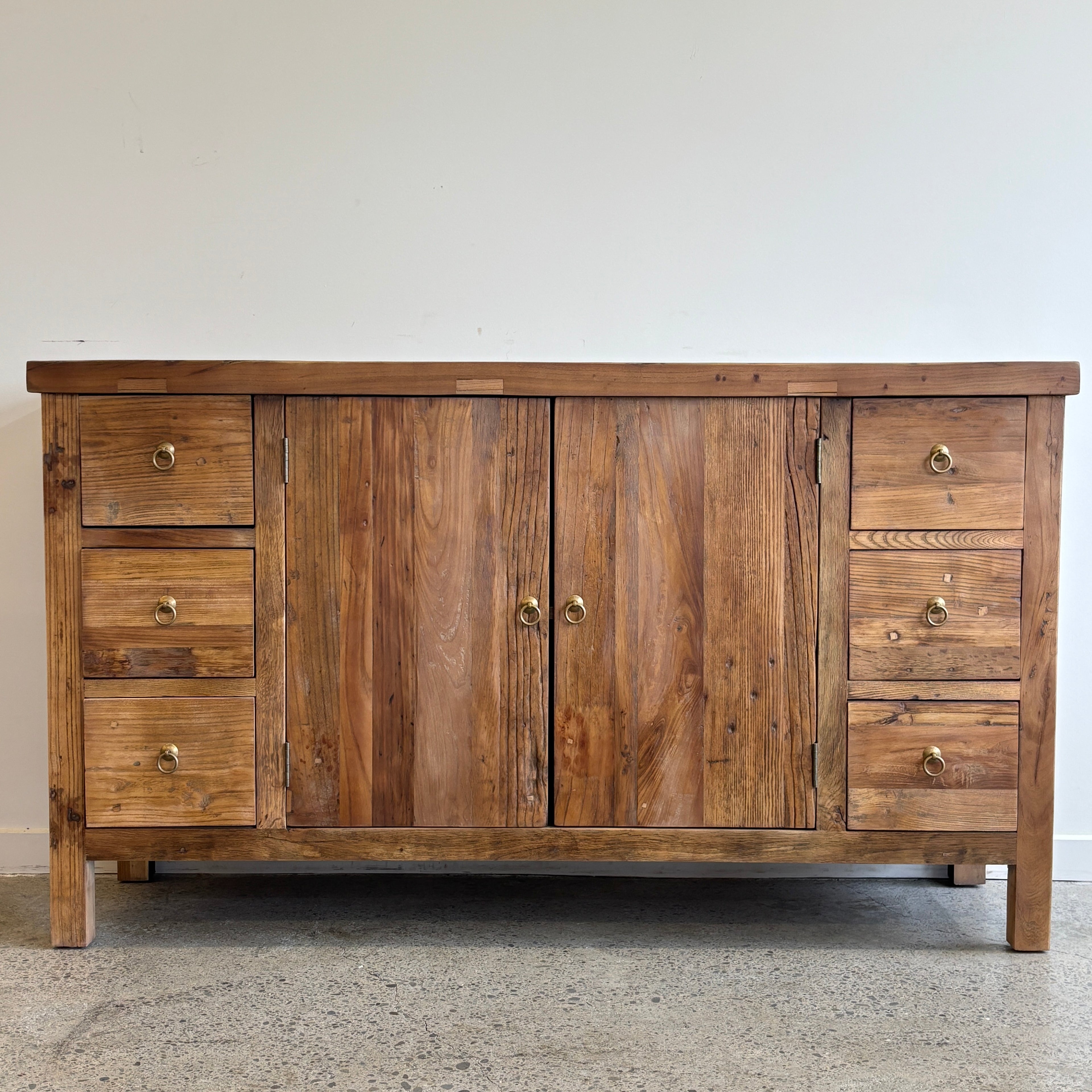Henri reclaimed elm rustic sideboard with two cupboard doors and six drawers