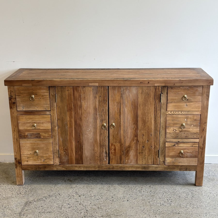Rustic reclaimed elm Henri sideboard with central cupboard and six storage drawers
