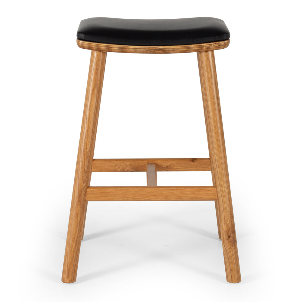 Front view of Hue Bar Stool in Natural Oak with black padded seat