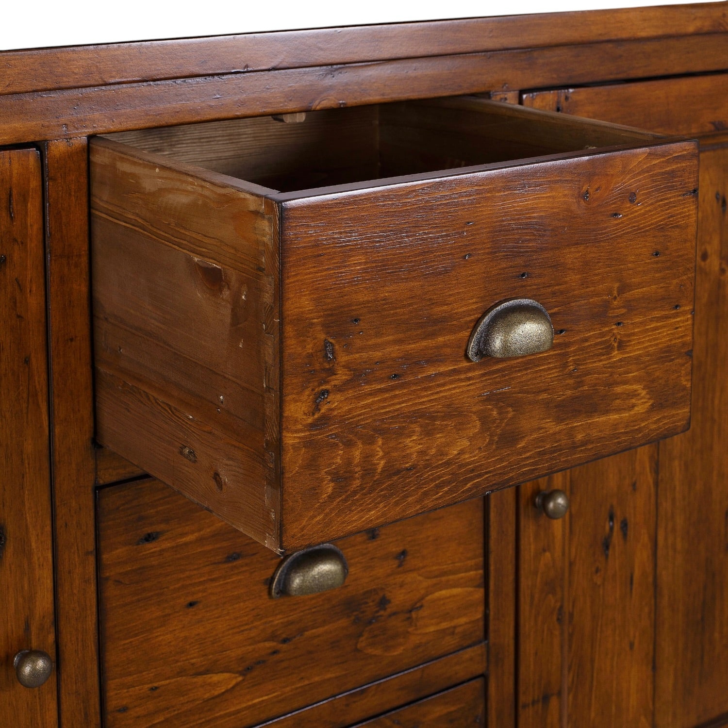 Close up of Irish Coast Buffet drawer showing natural timber grain and metal cup handle