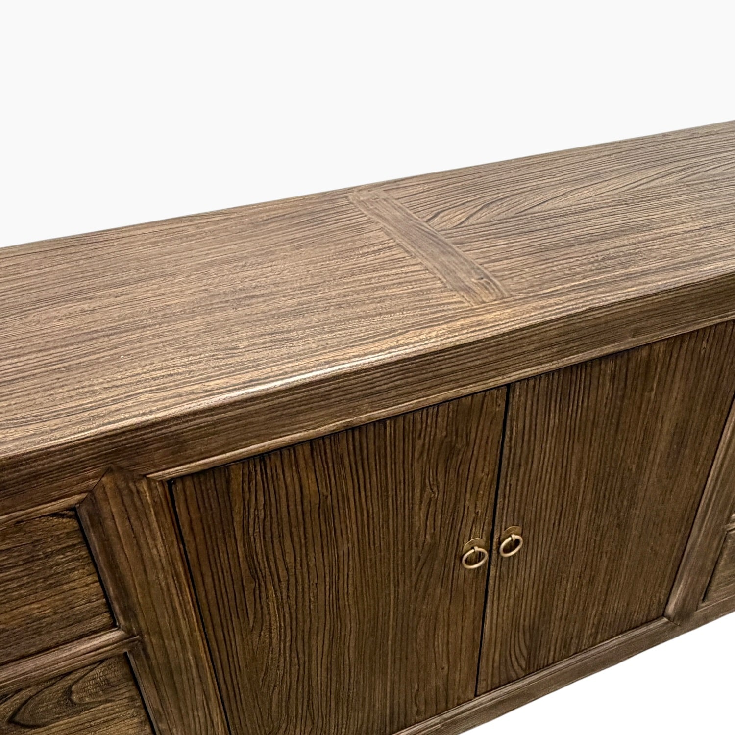Detail view of the Jacob Sideboard in Canadian Brown Elm showing the timber top, double doors and ring handles