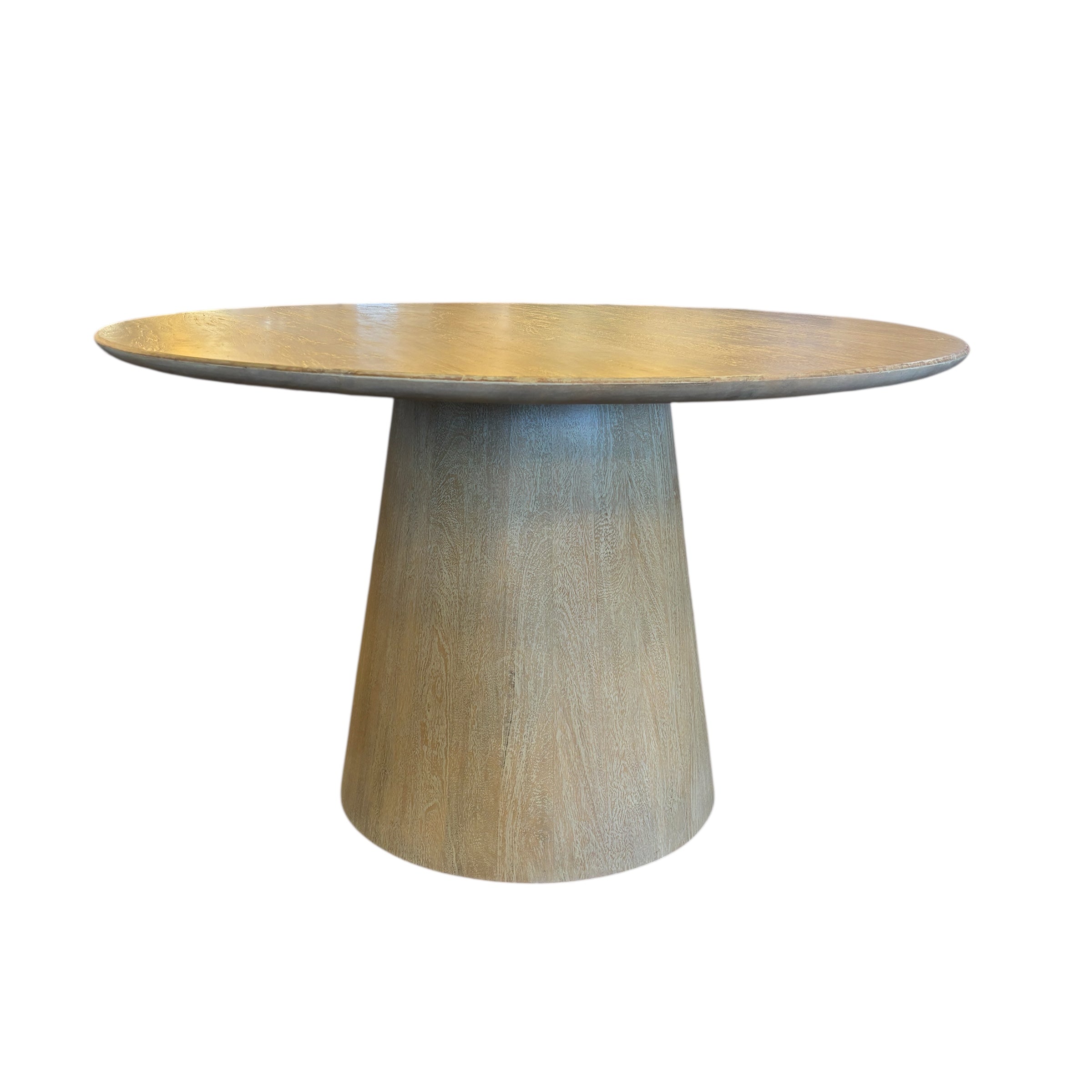 Side view of the Lando Dining Table in the Sandblast finish, showcasing the solid mango wood construction and sculptural pedestal base.
