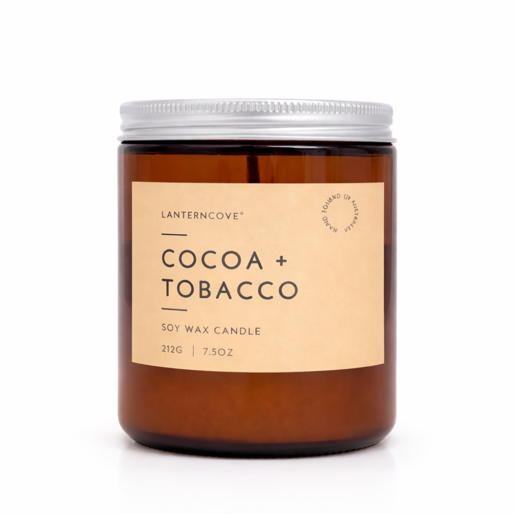 Lantern Cove Cocco & Tobacco soy wax candle in amber glass jar with silver lid
