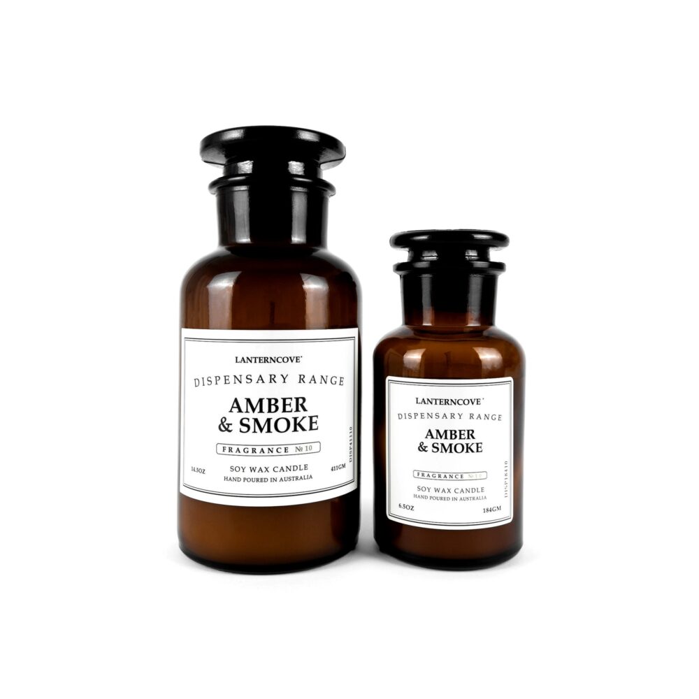 Lantern Cove Amber & Smoke Dispensary soy candles in amber glass jars