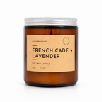 Lantern Cove Glo soy wax candle in amber glass jars, French Cade + Lavender